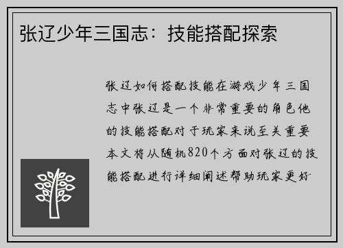张辽少年三国志：技能搭配探索