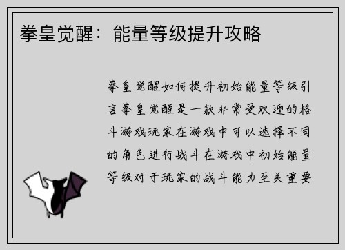 拳皇觉醒：能量等级提升攻略